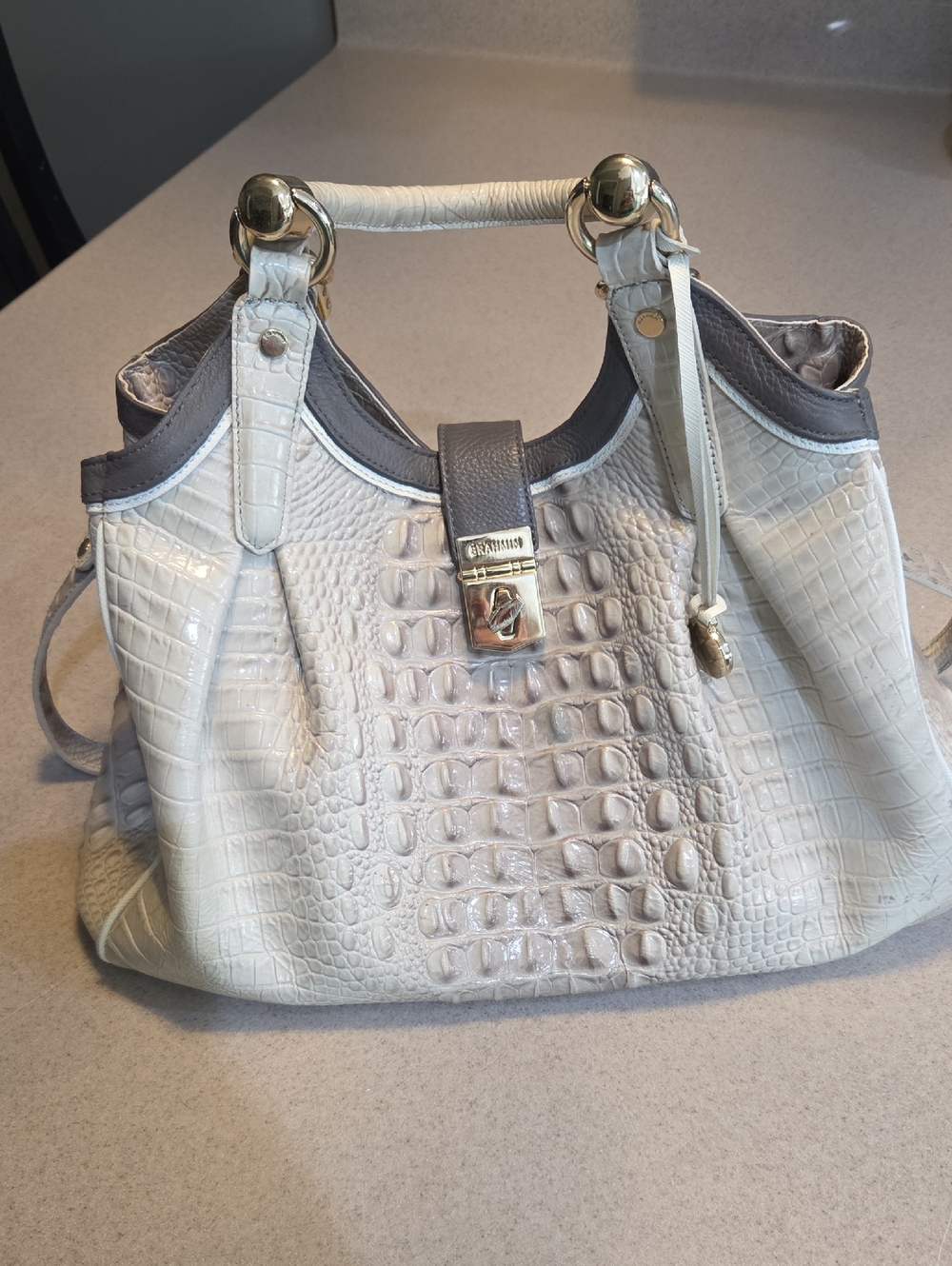 Cream Croc-Embossed Shoulder Bag By Brahmin